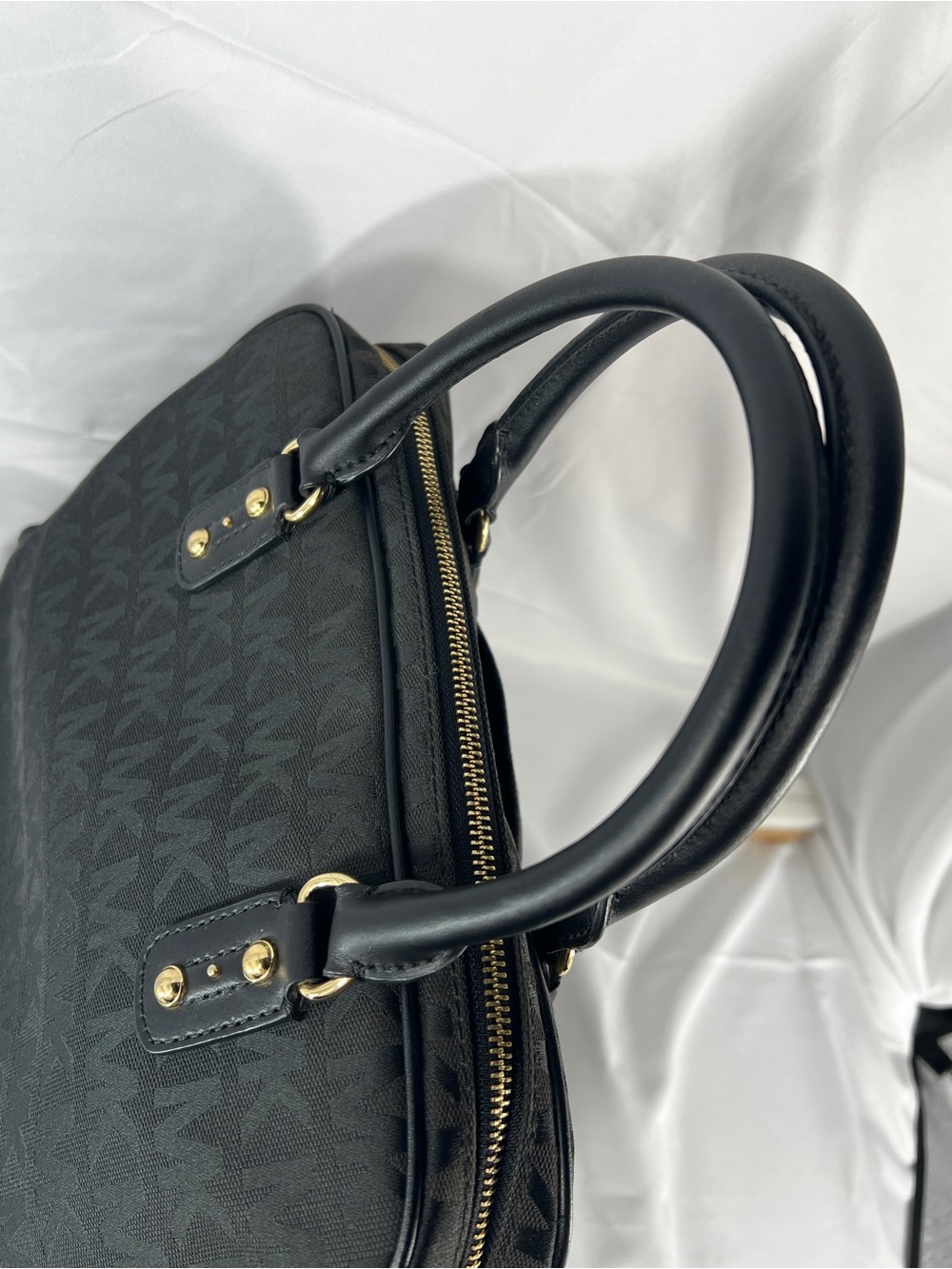 Michael Kors Black MK Signature Jacquard Satchel Bowler Bag Leather Trim Large - Picture 6 of 16